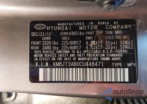 2012 Hyundai Tucson Gl from USA, damaged, VIN KM8JT3AB0CU448471